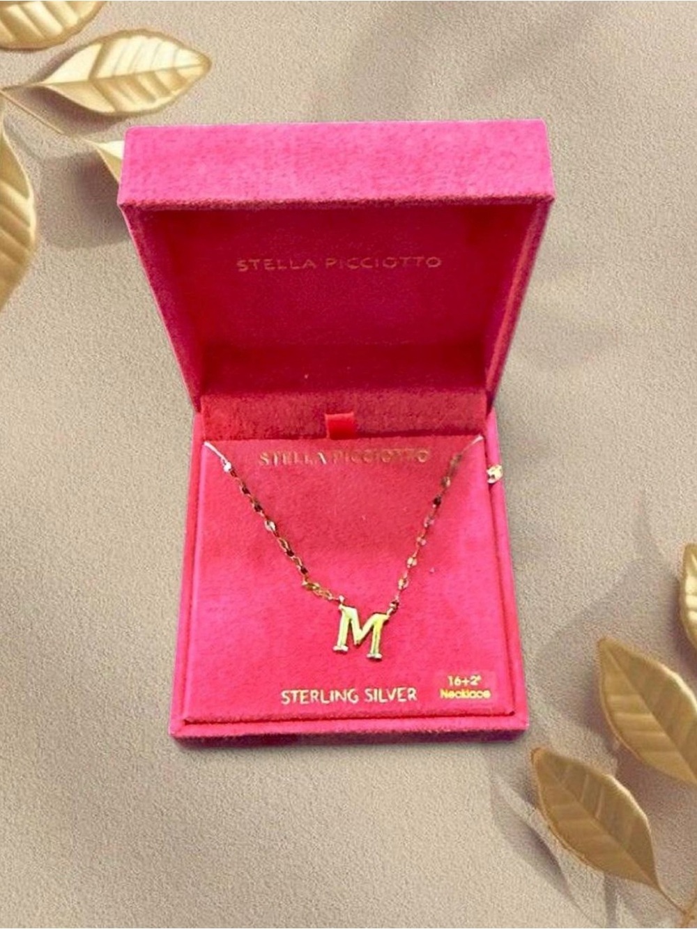 Stella Picciotto Gold 'M' Initial Necklace in Pink Box